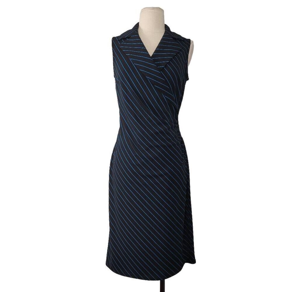 Vtg 90s Y2K Express Striped Faux‎ Wrap Sheath Dress Sz 7/8 Black Teal Ruched